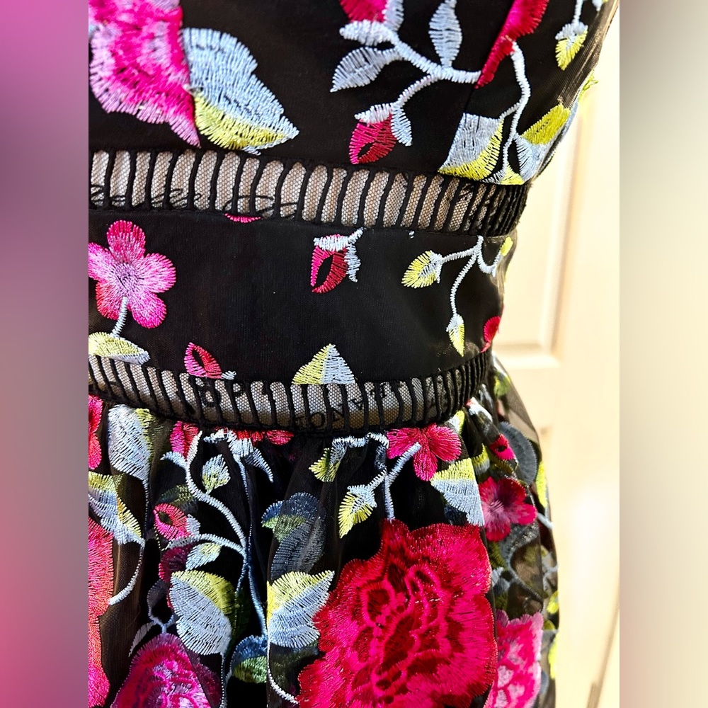 Nicole Miller Black Mini Dress with Pink Floral Embroidery - Picture 3 of 10